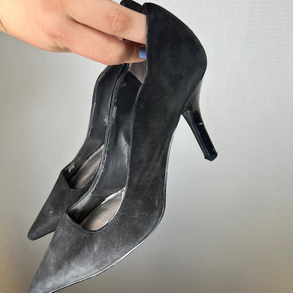 Nine West Black Suede Pointed Toe Pumps Patent Stiletto Heel Womens 8.5 M - Picture 3 of 6